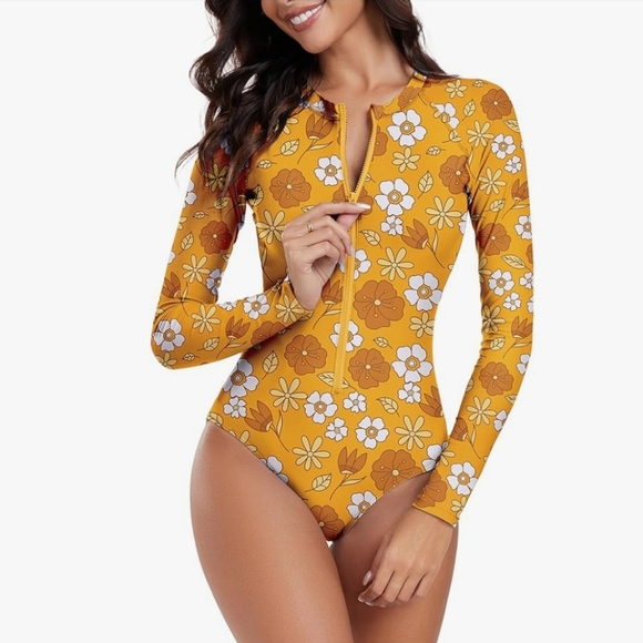 ZANDO One Piece Long Sleeve Rash Guard Swimsuit with Zipper - Picture 1 of 9